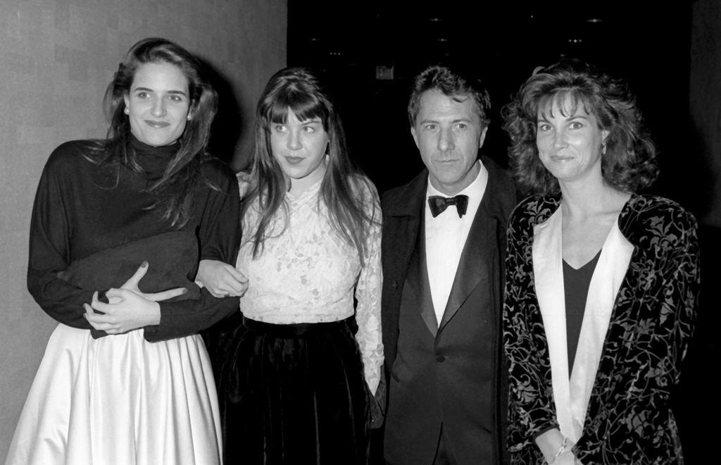 Karina Hoffman, Jenna Byrne Hoffman, Dustin Hoffman and Lisa Hoffman attend "Rain Man" Screening on December 12, 1988 at Loew's Astor Plaza Theater in New York City.