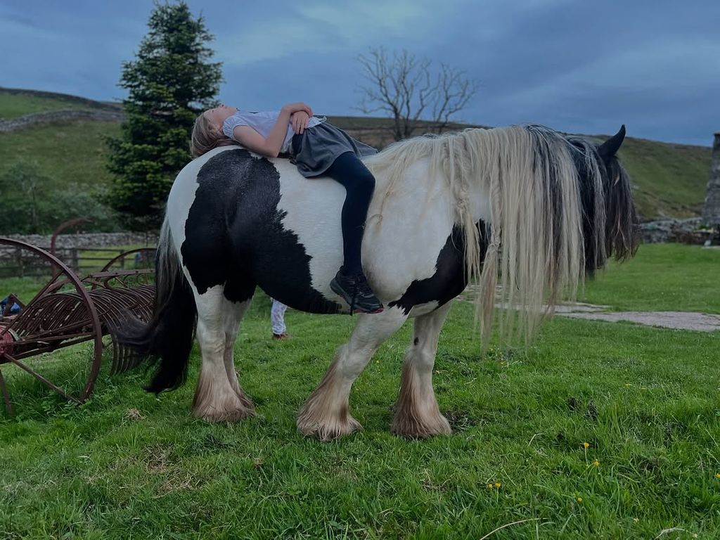 Amanda Owen's daughter sitting on a horse in a field in front of beautiful landscape 