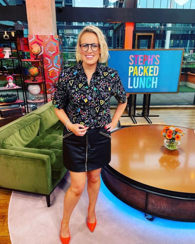 Steph McGovern in shirt and leather skirt