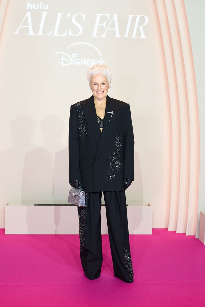 Glenn Close in black suit at the All's Fair Disney+ Premiere at Maison de La Chimie