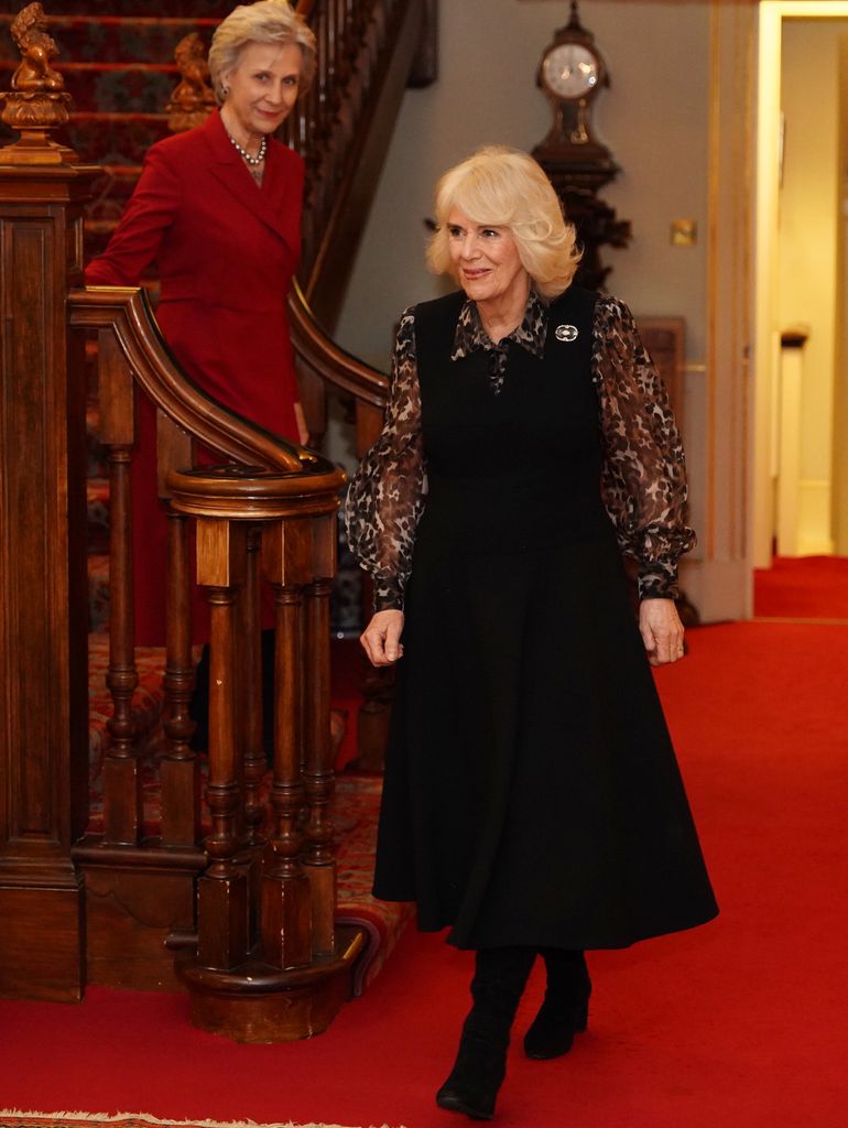 Queen Camilla, with Birgitte, Duchess of Gloucester, arrives for a ceremony at Clarence House