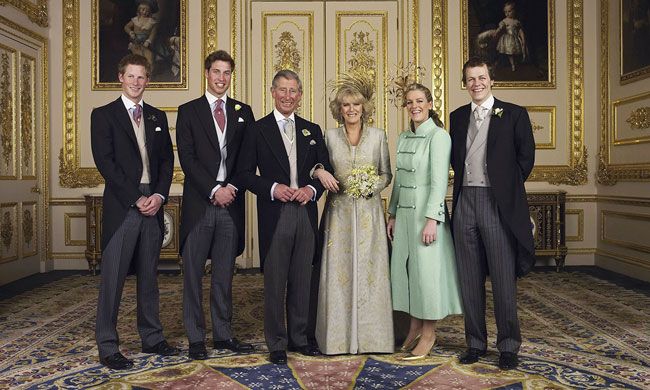 Charles and Camilla posing with their kids on their wedding day