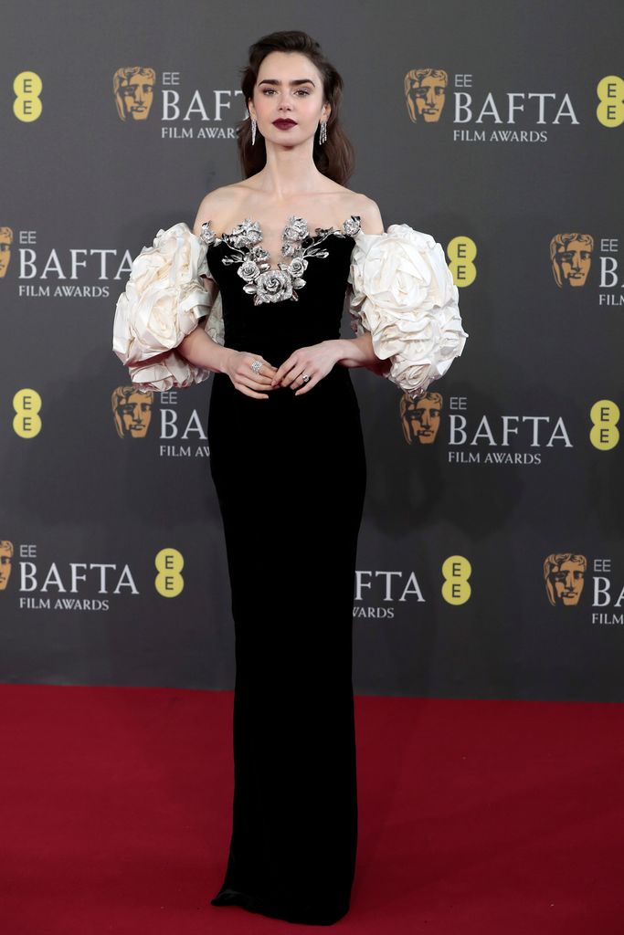 Lily Collins attends the EE BAFTA Film Awards 2024 at The Royal Festival Hall on February 18, 2024 in London, England. (Photo by John Phillips/Getty Images)
