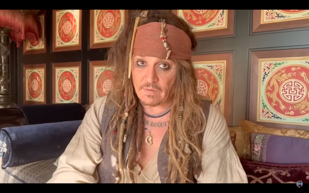Johnny Depp as Captain Jack Sparrow in a video message to Captain Kori on YouTube