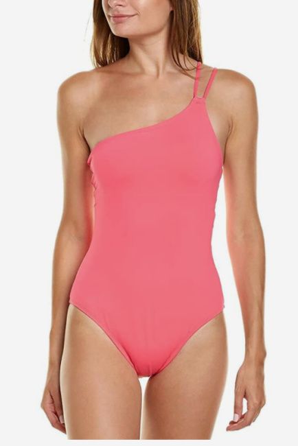 eva longoria pink one shoulder asymmetrical swimsuit