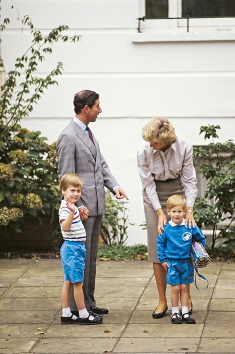 Prince Harry on his first day at nursery school with his parents Charles, Prince of Wales, and Diana, Princess of Wales, and his older brother Prince William, Notting Hill, London, 16th September 1987.