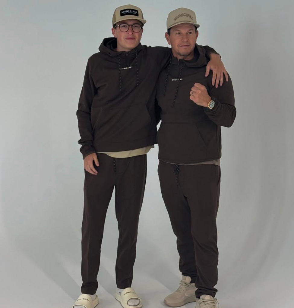 Photo shared by Rhea Durham on Instagram of her husband Mark Wahlberg with their son Michael wearing their brand Municipal