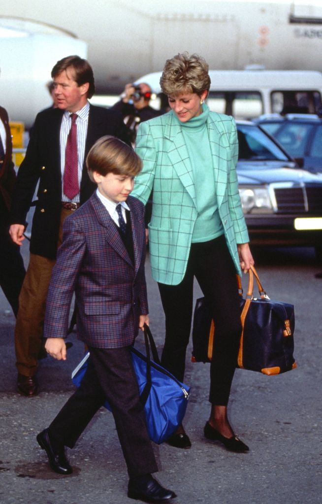 Princess Diana and Prince William arriving at Zurich airport for a skiing holiday