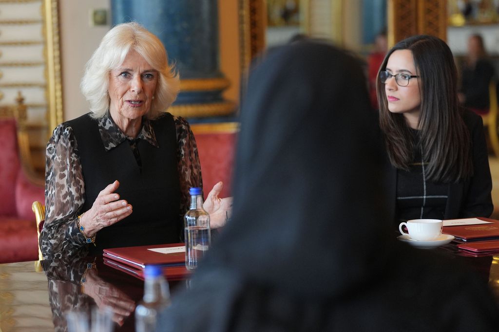Rainha Camilla falando com os agentes de mudança SafeLives no Palácio de Buckingham