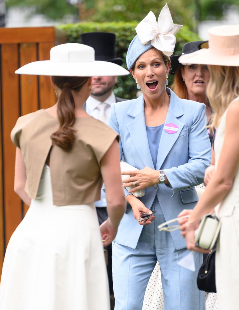 zara tindall in blue trouser suit at royal ascot