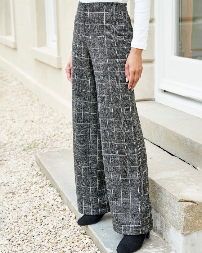 Check Wide-Leg Trousers - Cotton Traders