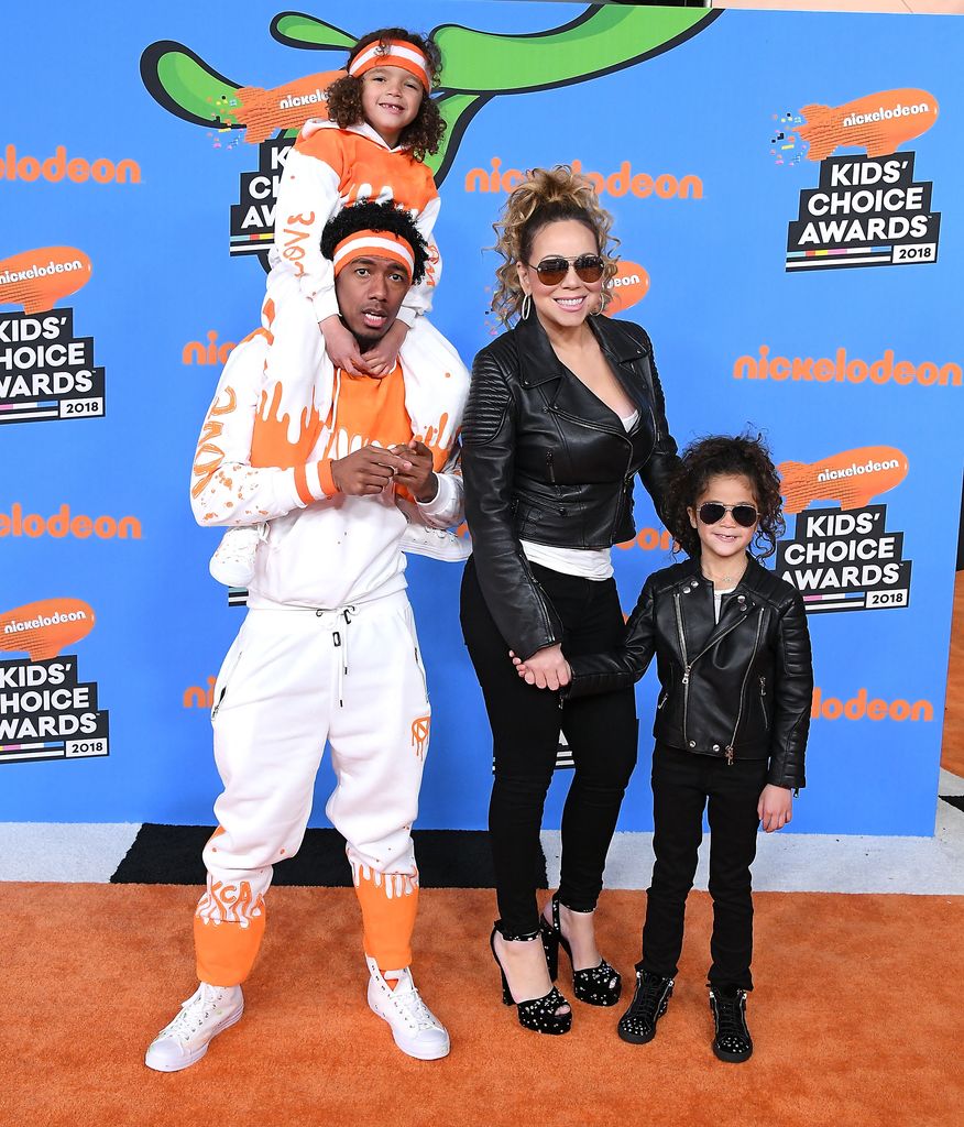 Nick Cannon (L) and Mariah Carey (C) with Moroccan Cannon and Monroe Cannon  arrives at the Nickelodeon's 2018 Kids' Choice Awards at The Forum on March 24, 2018 in Inglewood, California
