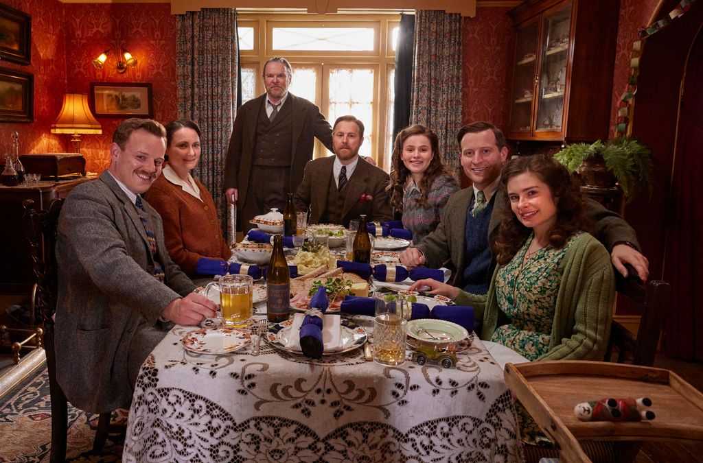 Callum Woodhouse as Tristan Farnon, Anna Madeley as Mrs Hall, Tony Pitts as Richard Alderson, Samuel West as Siegfried Farnon, Imogen Clawson as Jenny Alderson, Nicholas Ralph as James Herriot and Rachel Shenton as Helen Herriot in All Creatures Great and Small