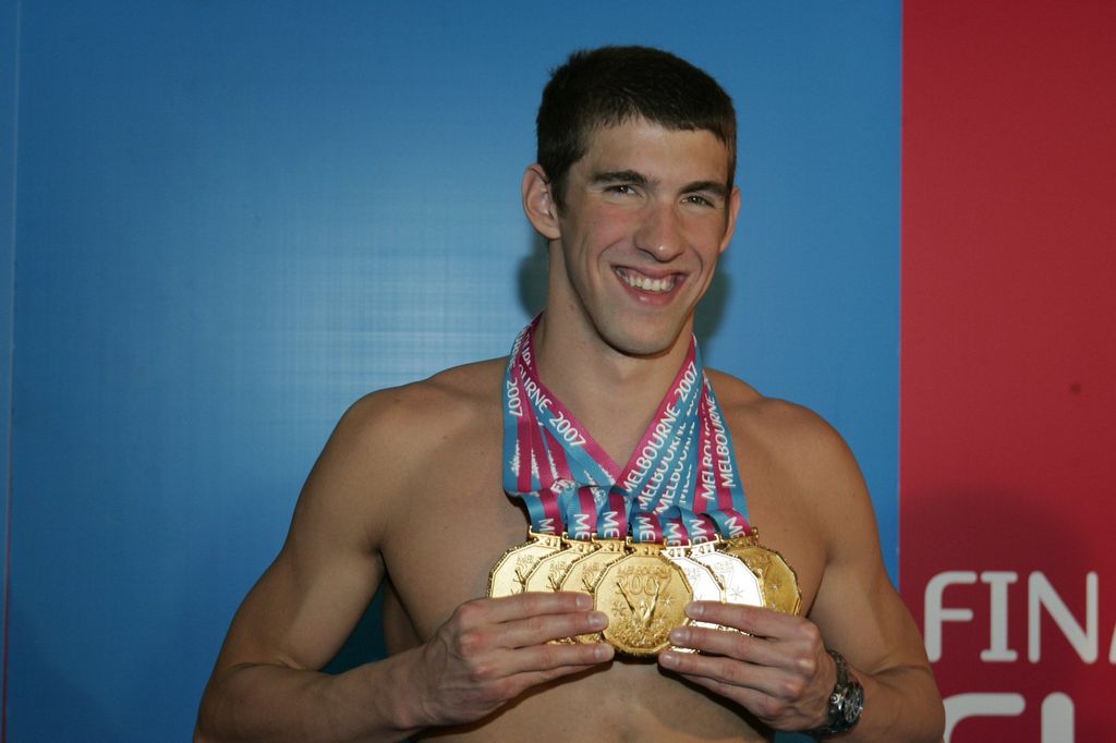 Closeup of USA Michael Phelps victorious with seven gold medals at Rod Laver Arena, Melbourne, Australia 4/1/2007