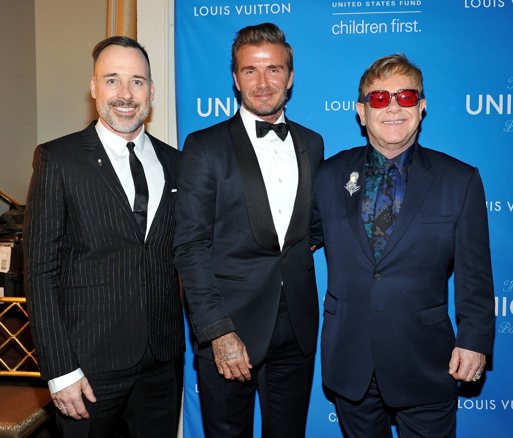 Filmmaker David Furnish, UNICEF GWA Honoree David Beckham, and Recording artist Elton John attend the Sixth Biennial UNICEF Ball