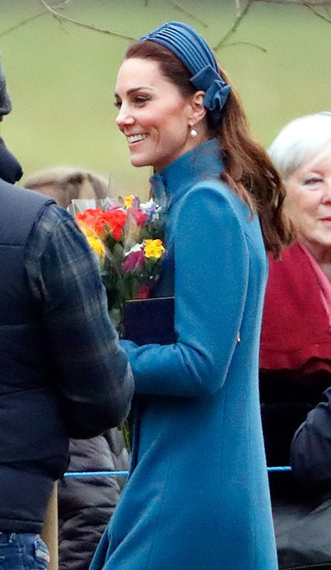 Princess Kate in blue coat and headband attending Sunday service at the Church of St Mary Magdalene on the Sandringham estate on January 6, 2019 