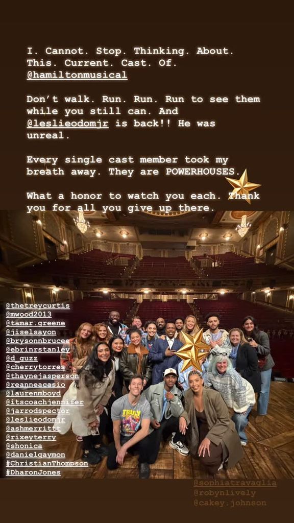 Blake Lively shares a photo on her Instagram Stories from her visit to Hamilton on Broadway with two of her children, posing with the musical's cast
