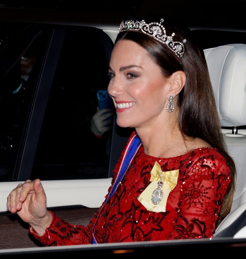 The Princess of Wales wearing the Lotus Flower tiara and her GCVO sash for the Diplomatic reception