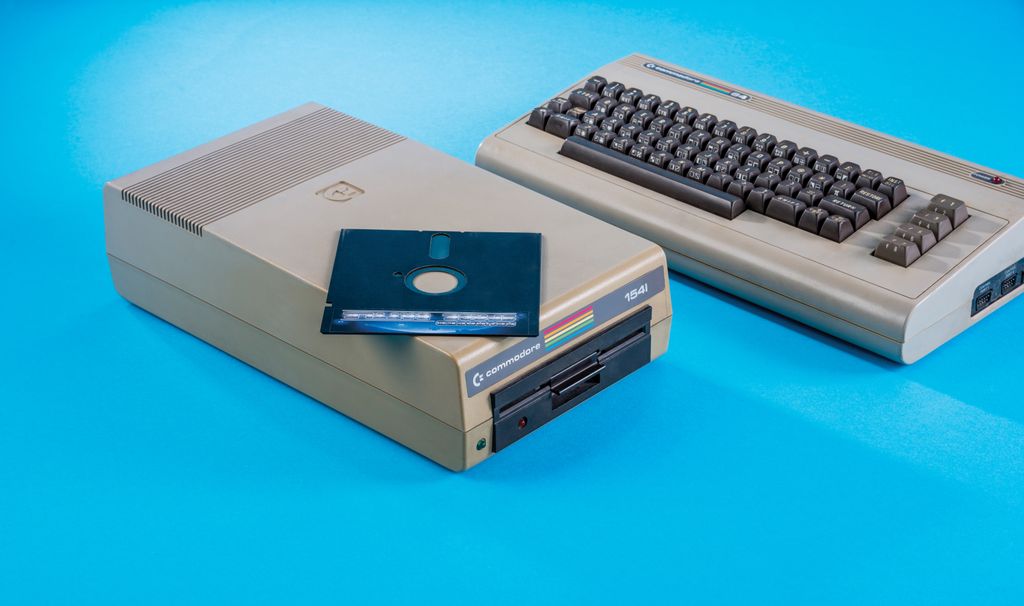 A vintage Commodore 64 home computer (R) and Commodore 1541 floppy disk drive accessory, taken on June 19, 2018. (Photo by James Sheppard/Retro Gamer Magazine/Future via Getty Images)