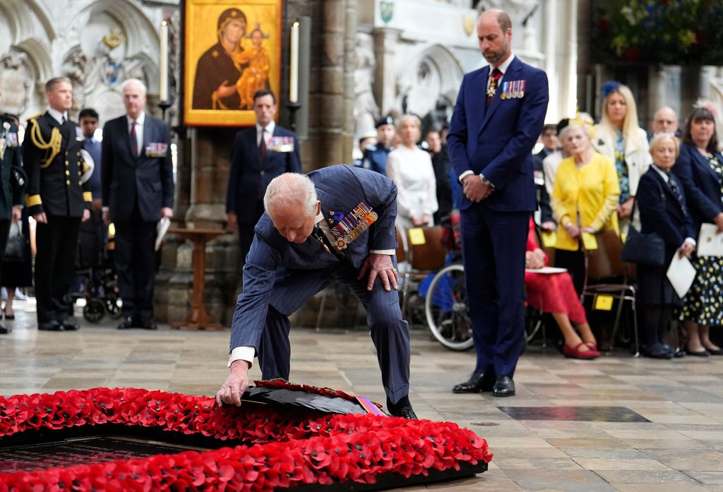 Britain's King Charles III lays a wreath at the grave of the Unknown Warrior during a service of thanksgiving to mark the 80th anniversary of VE Day,
