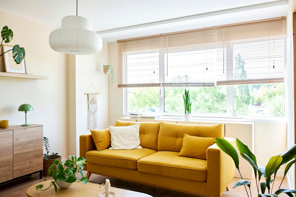 Cushions on sofa in front of window. Interior of living room with decor. Furniture at apartment.