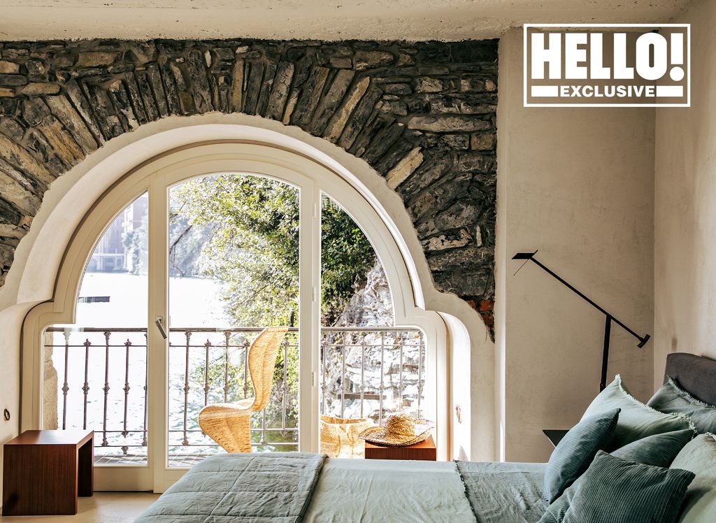 Erika Trojer's bedroom with bay window at Lake Como home Villa Torno