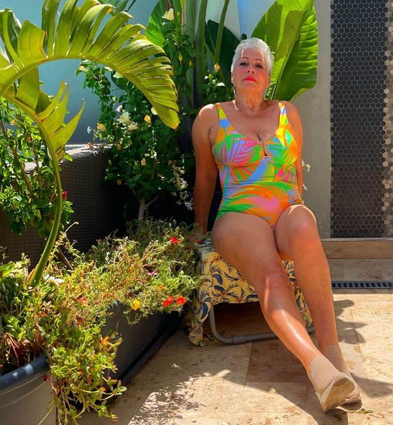Denise Welch posing in a swimsuit in Malta