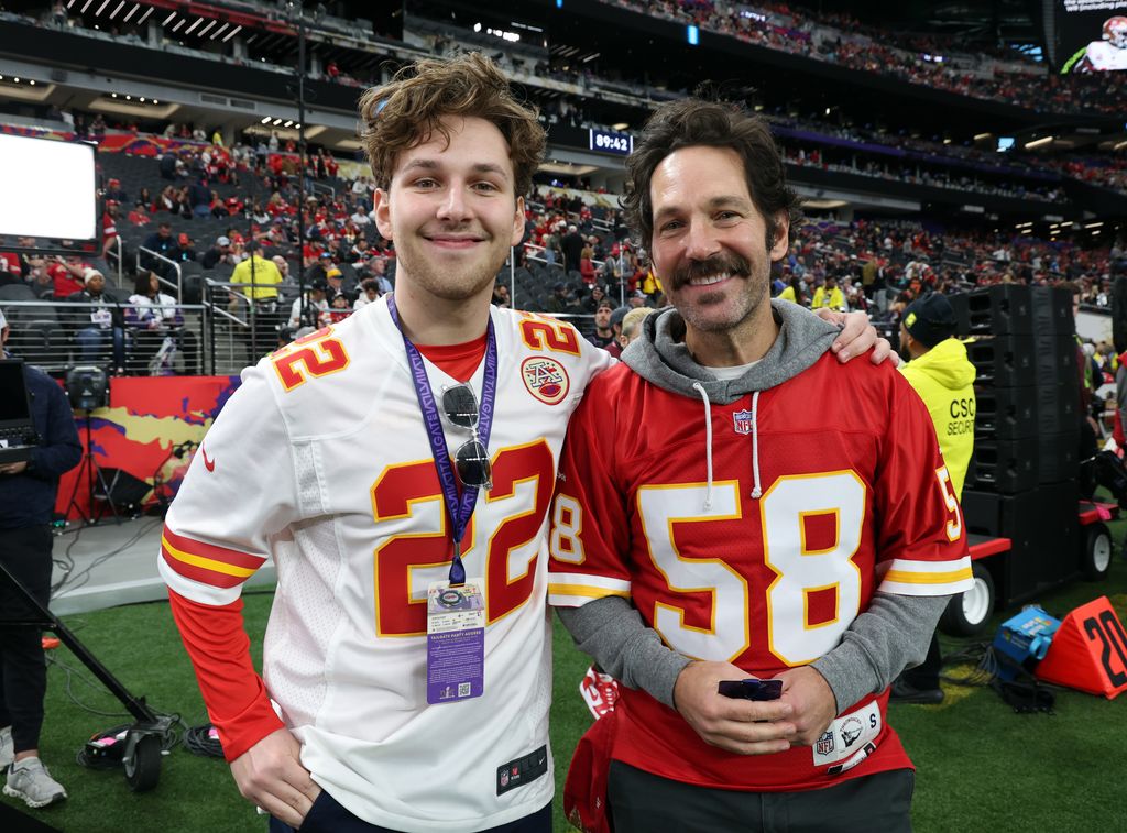 Jack Sullivan Rudd and Paul Rudd attend the Super Bowl LVIII Pregame at Allegiant Stadium on February 11, 2024 in Las Vegas, Nevada.