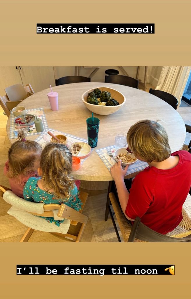 Photo shared by Chris Pratt on his Instagram Story January 2024 of his son with Anna Faris and his two daughters with Katherine Schwarzenegger having breakfast together.