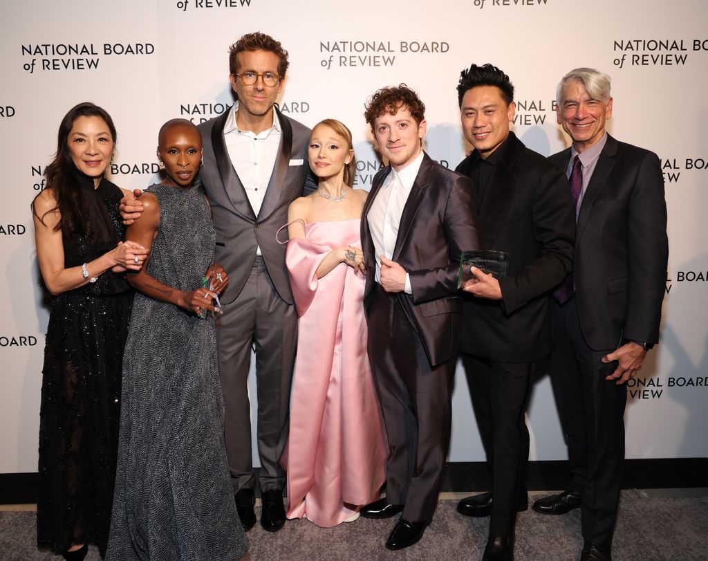 Michelle Yeoh, Cynthia Erivo, Ariana Grande, Ethan Slater, Jon M. Chu and David Nicksay winners of the Best Film Award for "Wicked," and Ryan Reynolds pose during The National Board of Review Annual Awards Gala at Cipriani 42nd Street on January 07, 2025 in New York City