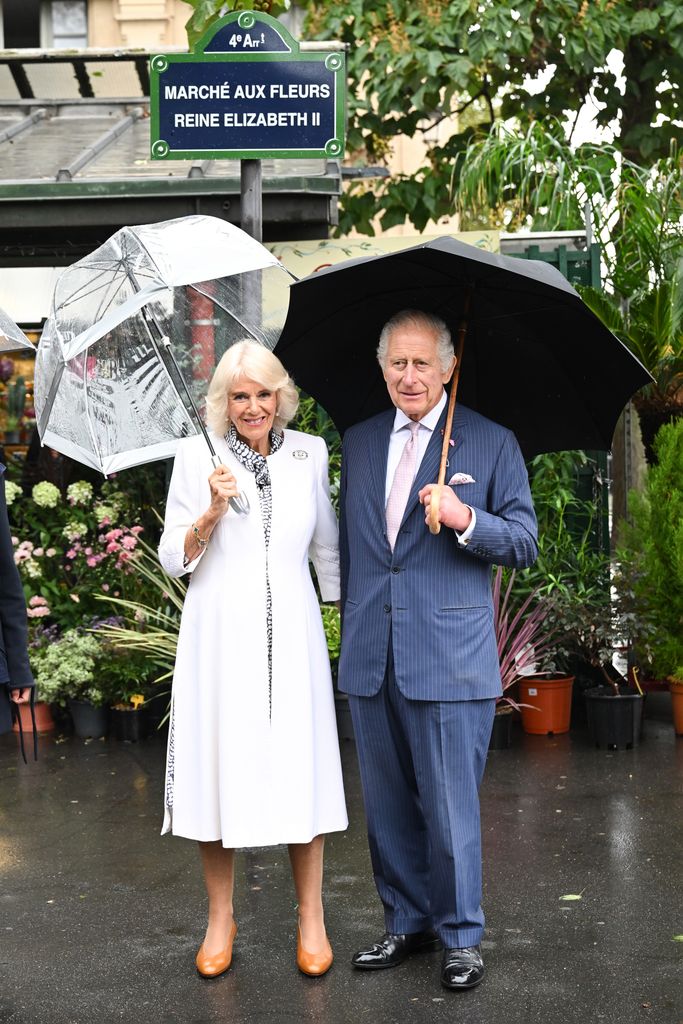 couple with umbrellas in flower market