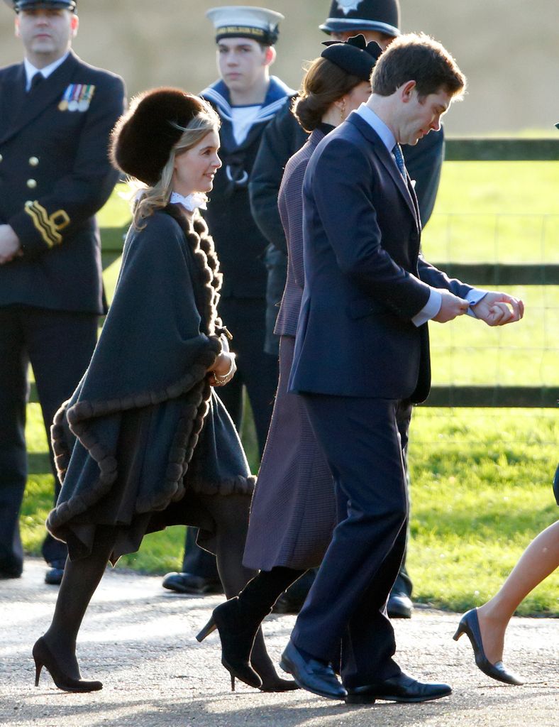 Sophie Carter, James Meade and Catherine, Duchess of Cambridge attend the Sunday service at St Mary Magdalene Church, Sandringham on January 10, 2016