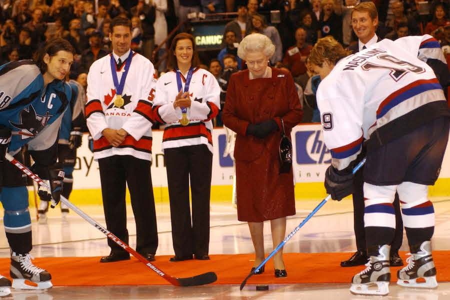 The Queen with Wayne Gretzky and Cassie Campbell and NHL players in 2000
