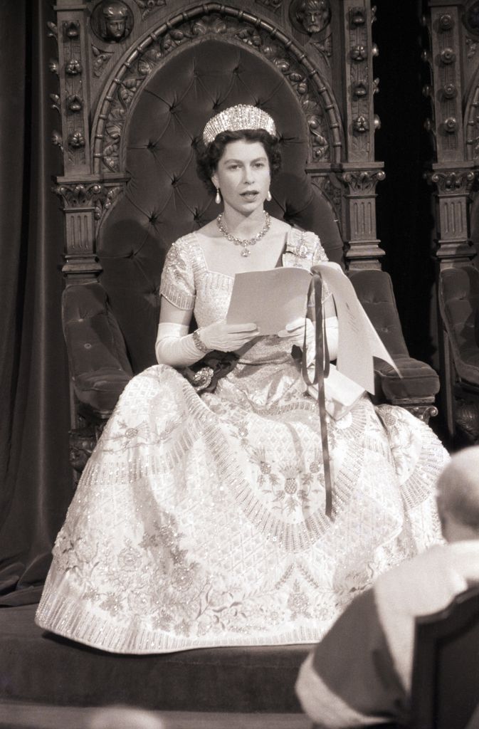 Queen Elizabeth wearing diadem and coronation dress to open Canada Parliament in 1957