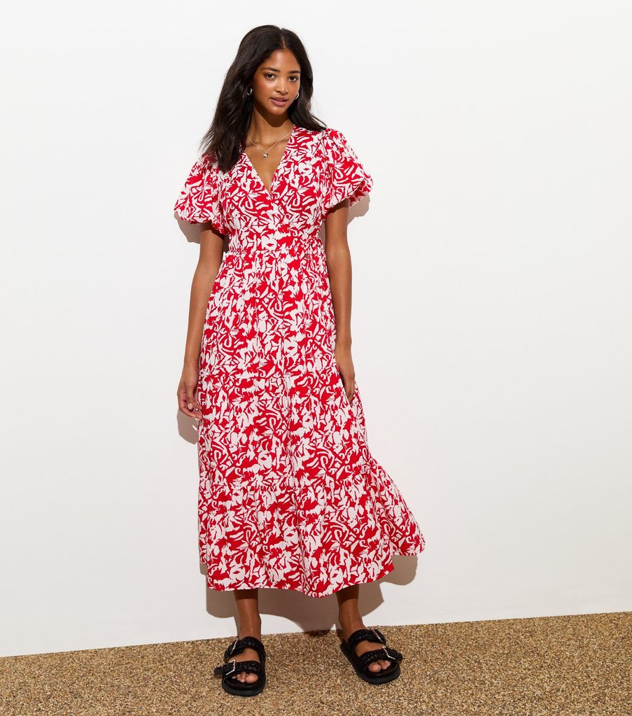 New Look Red Floral Print Wrap Midi Dress