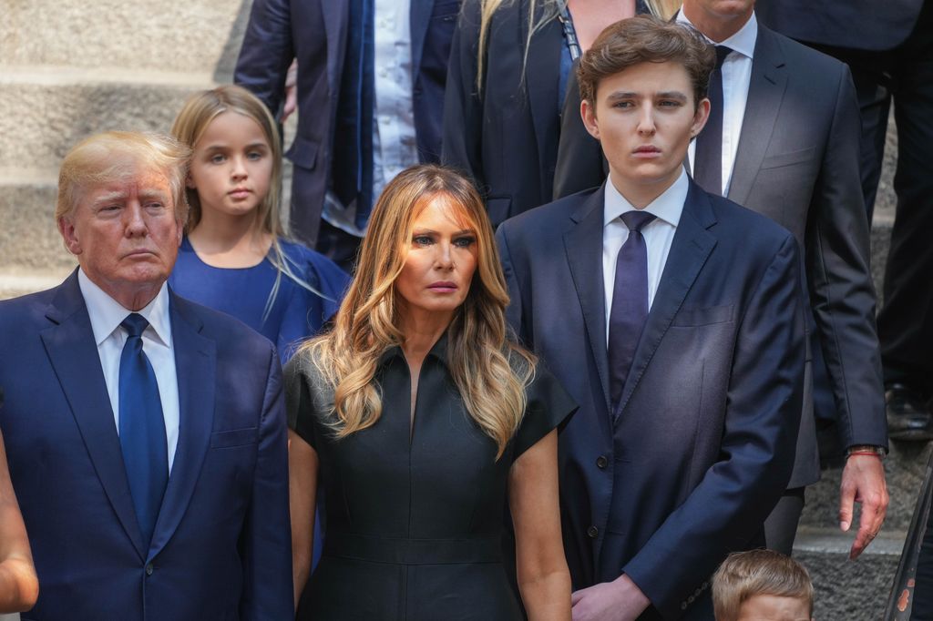 NEW YORK, NY - JULY 20: Donald Trump, Melania Trump and Barron Trump are seen  at the funeral of Ivana Trump on July 20, 2022 in New York City.  (Photo by JNI/Star Max/GC Images)