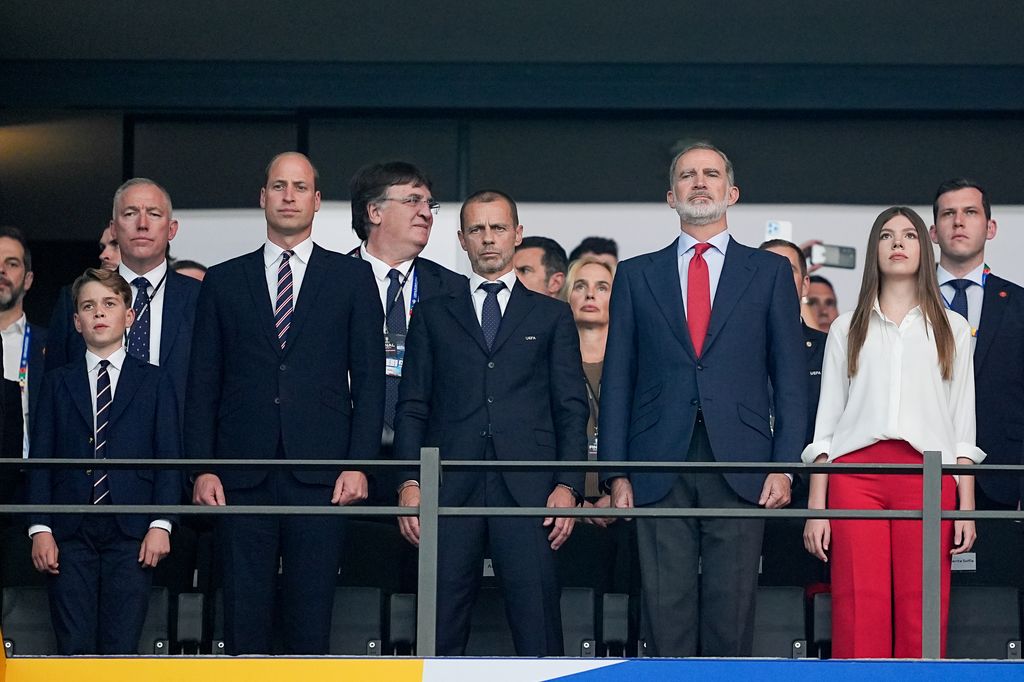 Prince William and his son George and King of Spain Felipe VI. with daughter Infanta Sofia and UEFA president Aleksander Ceferin (center) during the UEFA EURO 2024 final match between Spain and England