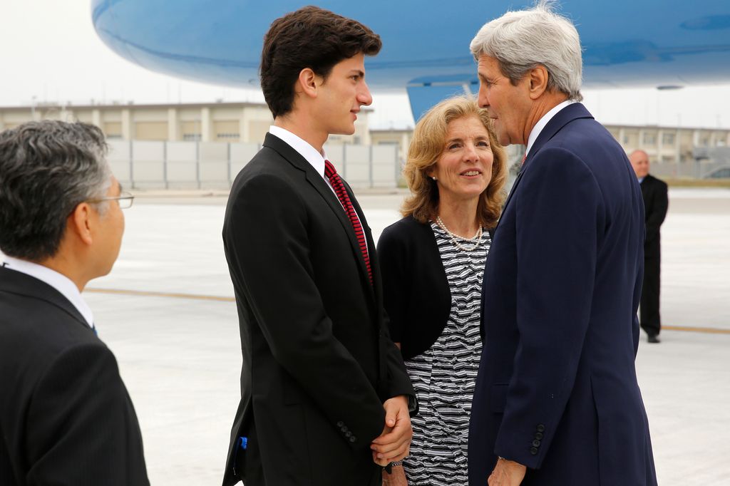 Caroline Kennedy and Jack Schlossberg greet US Secretary of State John Kerry
