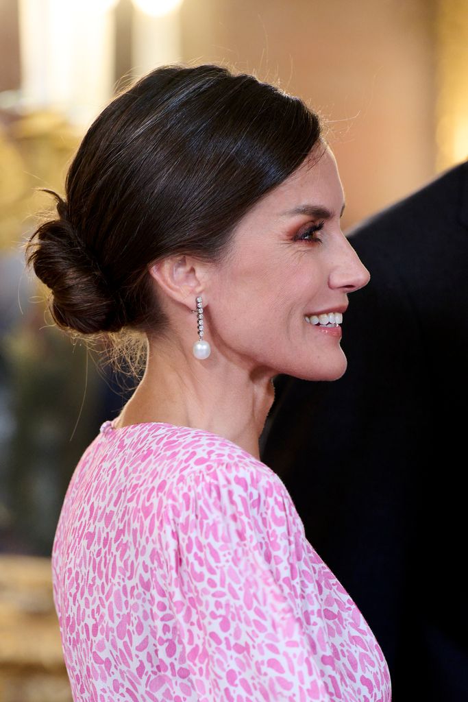 Queen Letizia wearing some some diamond and pearl drop earrings 