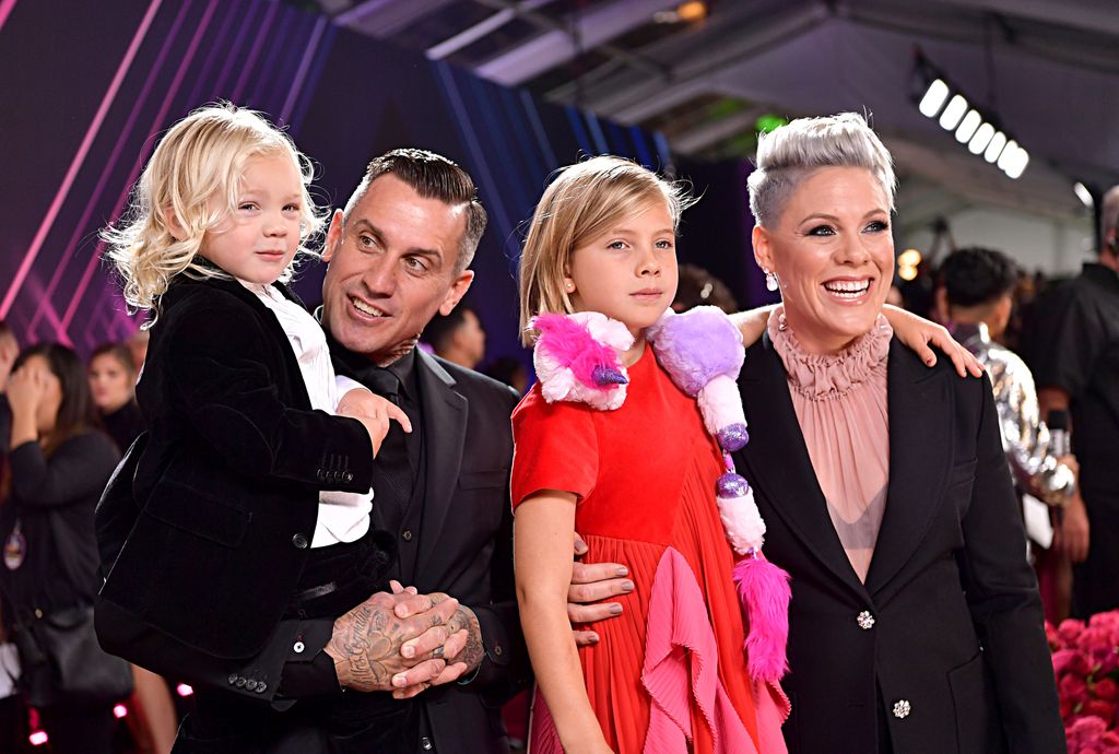 Jameson Hart, Carey Hart, Willow Sage Hart and Pink arrive to the 2019 E! People's Choice Awards held at the Barker Hangar on November 10, 2019