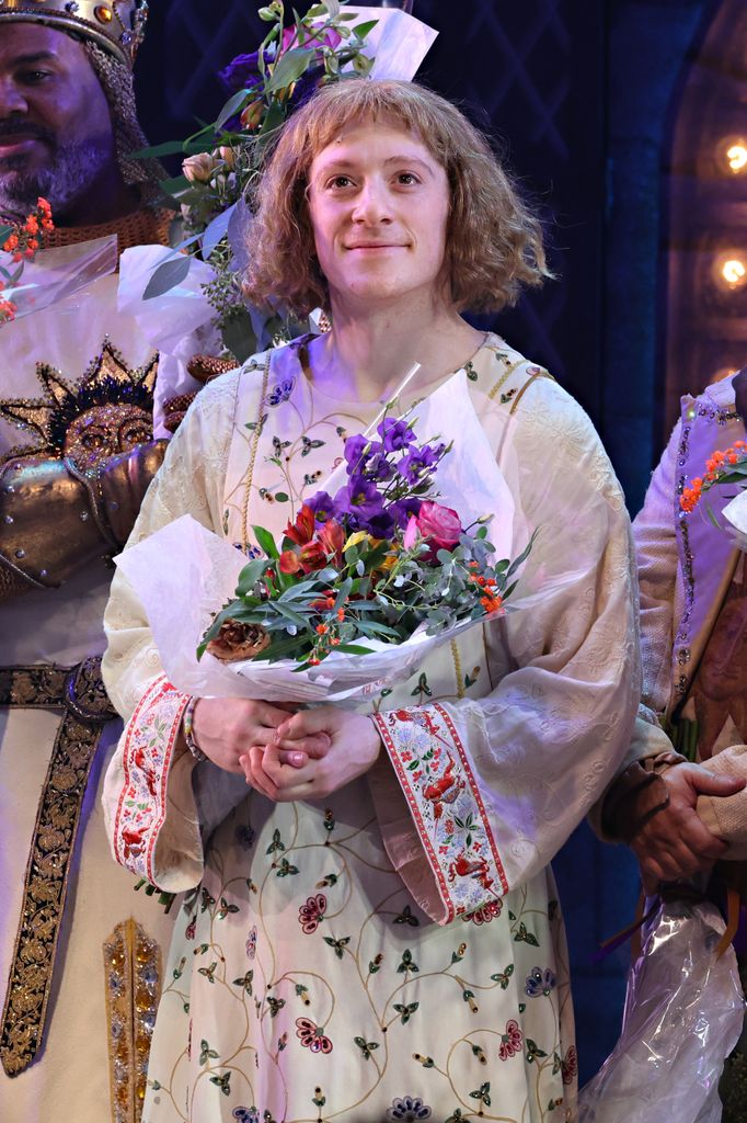 Ethan Slater takes part in the curtain call during "Spamalot" Opening Night at St. James Theatre on November 16, 2023