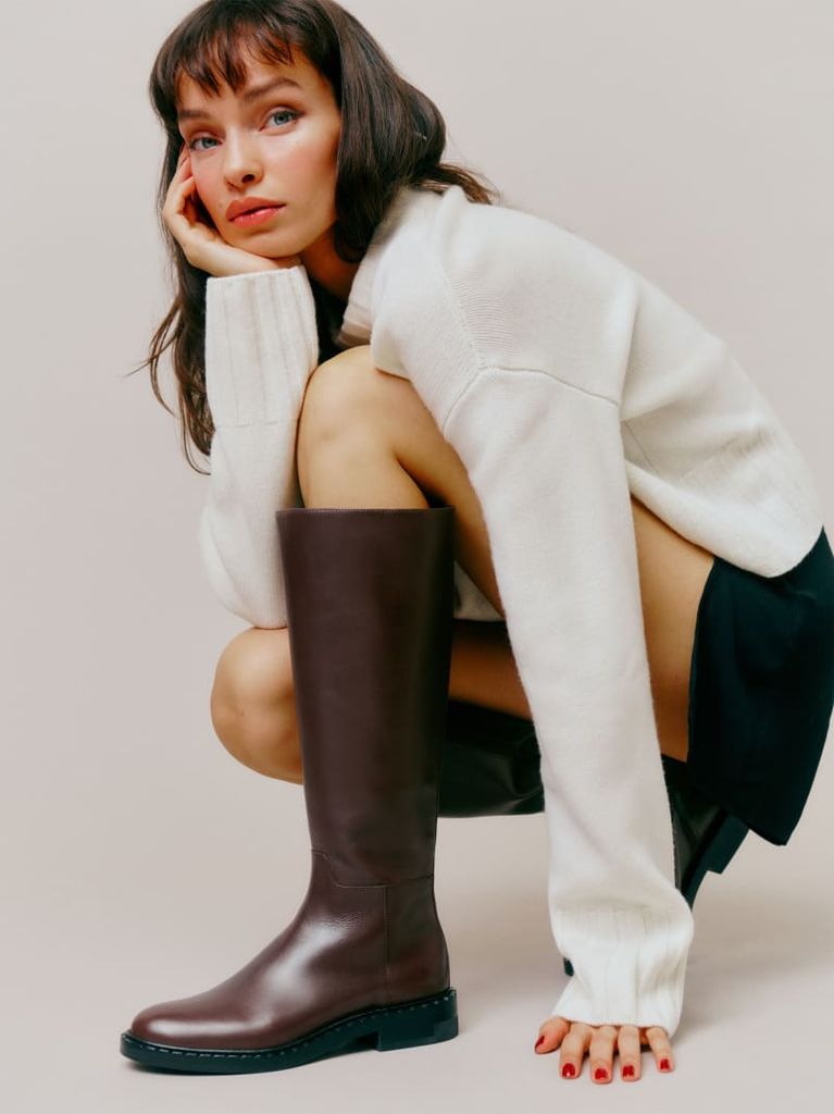 Flat leather knee boots on sale