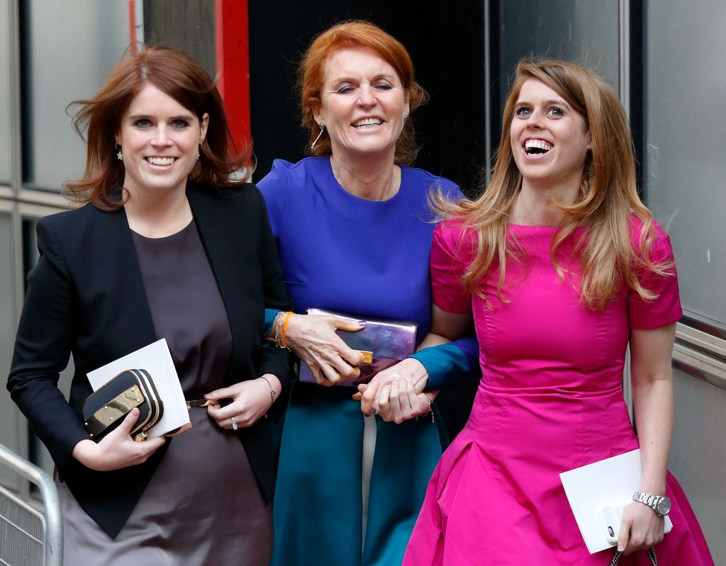 LONDON, UNITED KINGDOM - MAY 14: (EMBARGOED FOR PUBLICATION IN UK NEWSPAPERS UNTIL 24 HOURS AFTER CREATE DATE AND TIME) Princess Eugenie, Sarah Ferguson, Duchess of York and Princess Beatrice attend the wedding of Petra Palumbo and Simon Fraser, Lord Lovat at St Stephen Walbrook church on May 14, 2016 in London, England. (Photo by Max Mumby/Indigo/Getty Images)