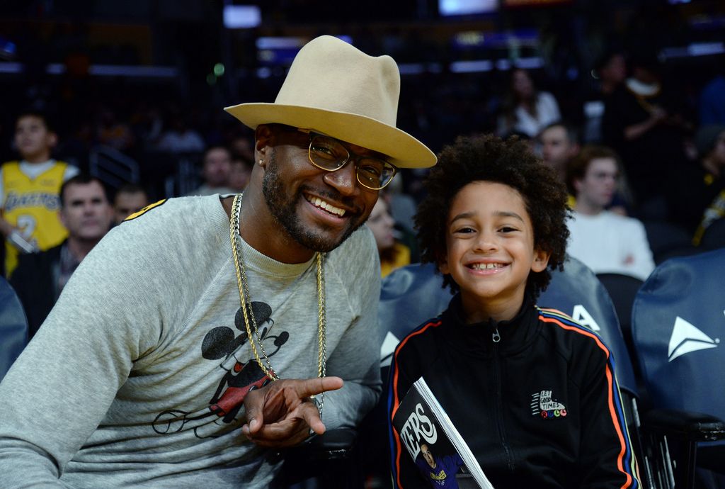 Taye Diggs and his son  Walker Diggs attend a basketball game between the Indiana Pacers and Los Angeles Lakers at Staples Center on January 19, 2018 in Los Angeles, California