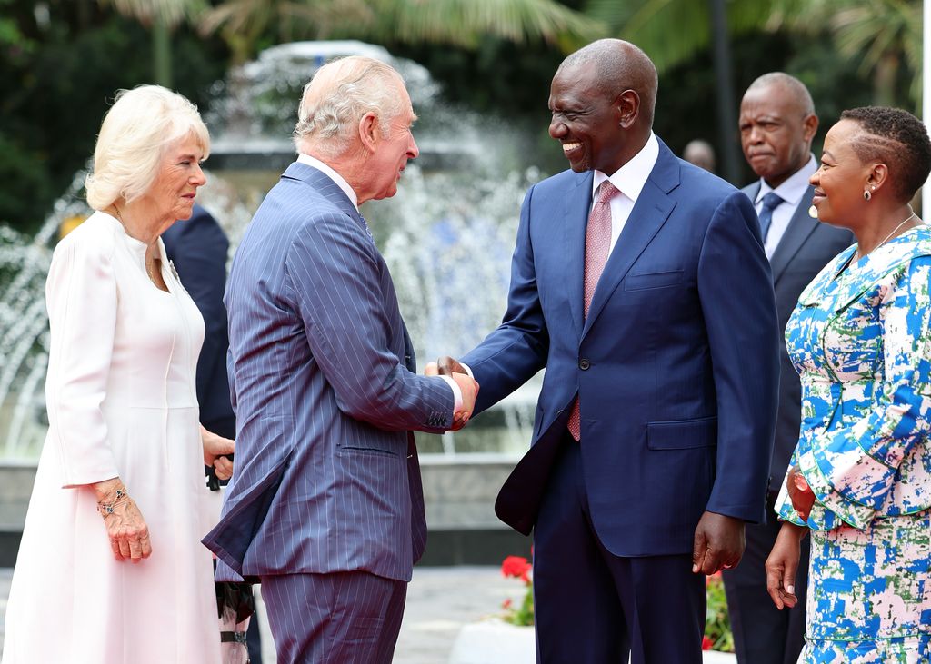 Queen Camilla and King Charles III were greeted by President of the Republic of Kenya, William Ruto, and the First Lady of the Republic of Kenya, Rachel Ruto