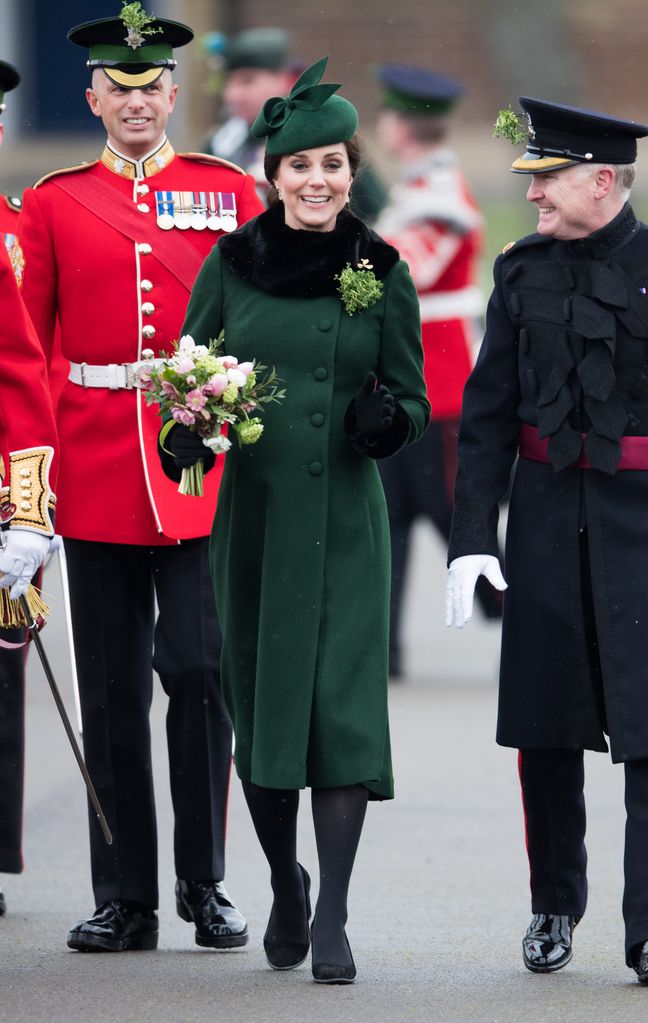 Catherine, Duchess of Cambridge  attends the annual Irish Guards St Patrick's Day Parade at Cavalry Barracks on March 17, 2018