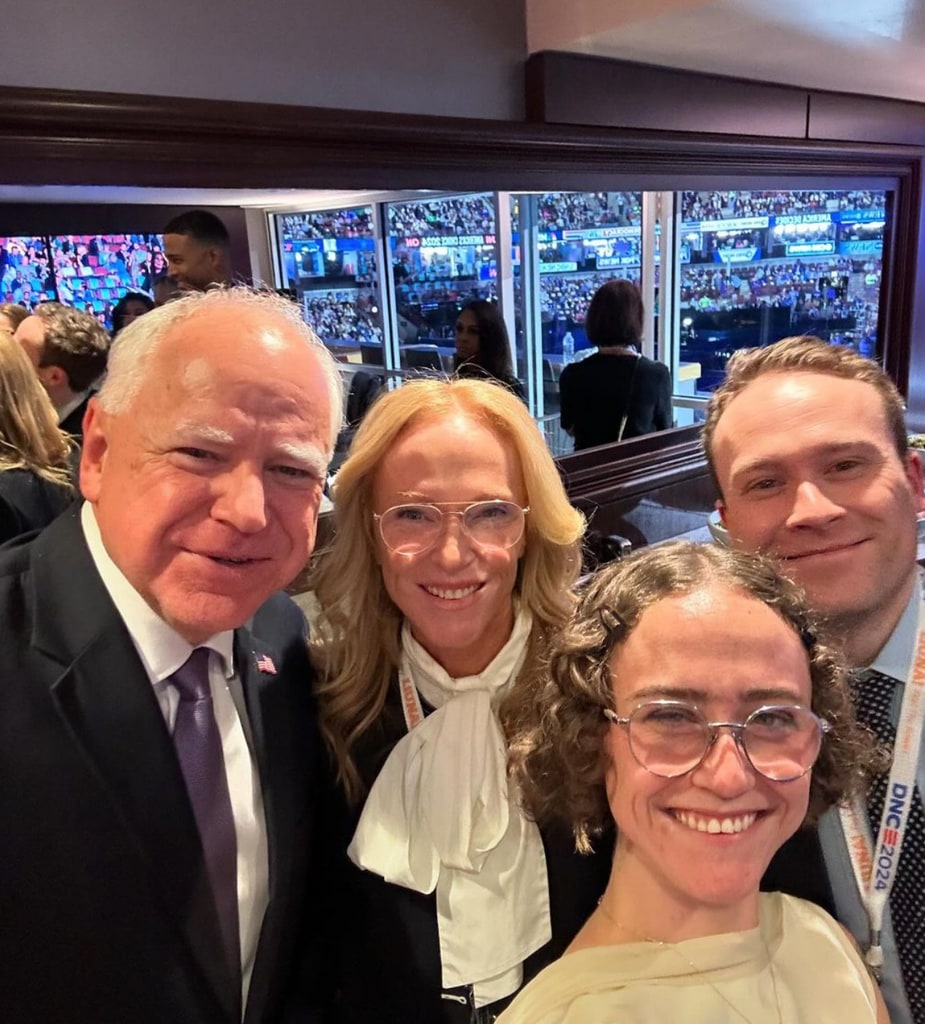 Photo shared by Doug Emhoff's ex-wife Kerstin on Instagram from the 2024 Democratic National Convention featuring her kids Cole and Ella, plus Tim Walz