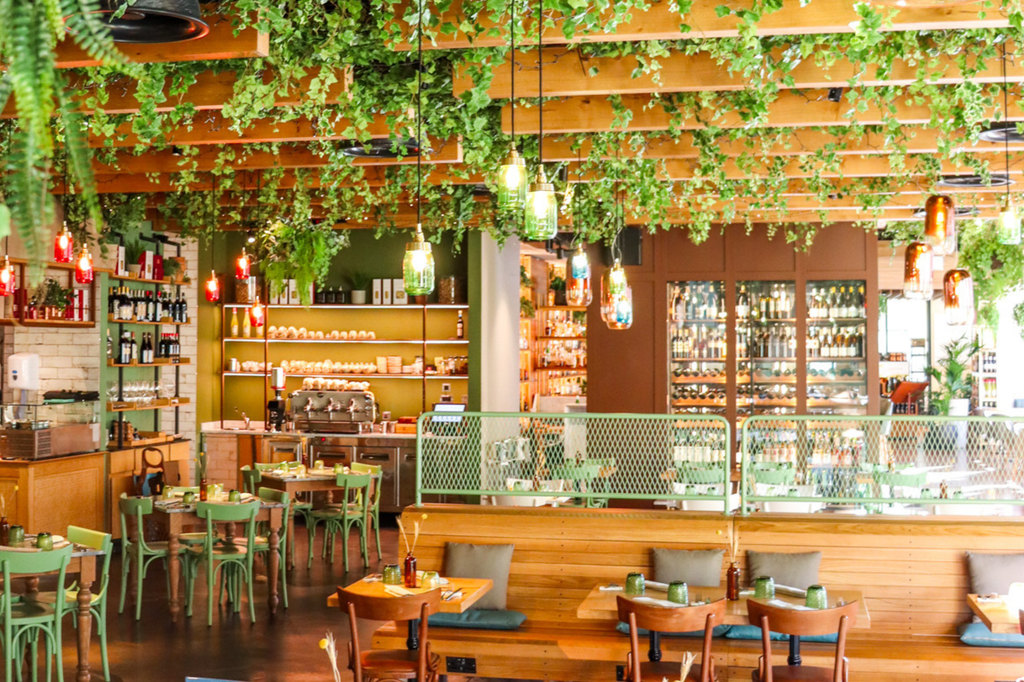 Inside a bright restaurant with greenery hanging from the ceiling