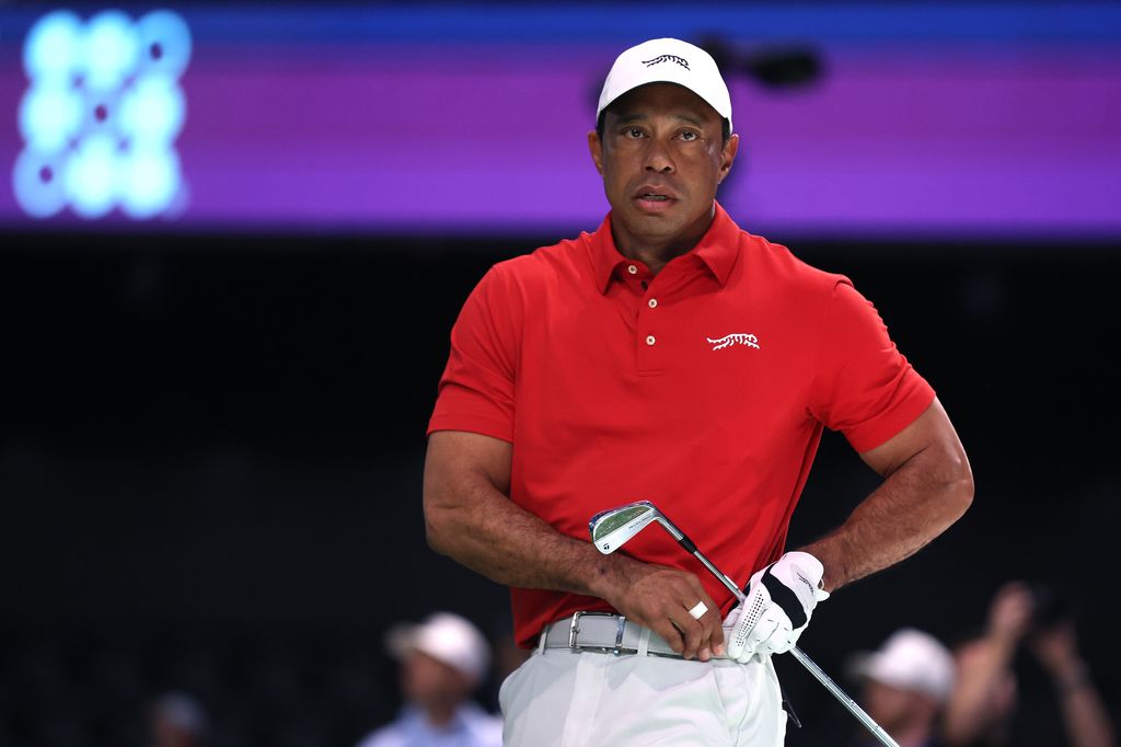 Tiger Woods of Jupiter Links Golf Club warms up before their TGL presented by SoFi match /aboat SoFi Center on January 27, 2025 in Palm Beach Gardens, Florida