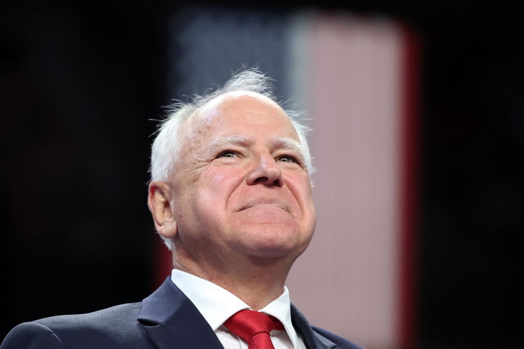 Tim Walz looks on during a campaign rally at the Thomas and Mack Center, University of Nevada in Las Vegas, Nevada, on August 10, 2024